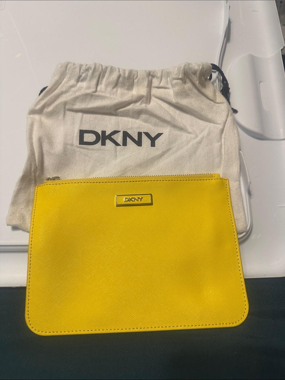 NWT DKNY Gigi Yellow Leather Wristlet Clutch Pouch + Authentic Dust Bag